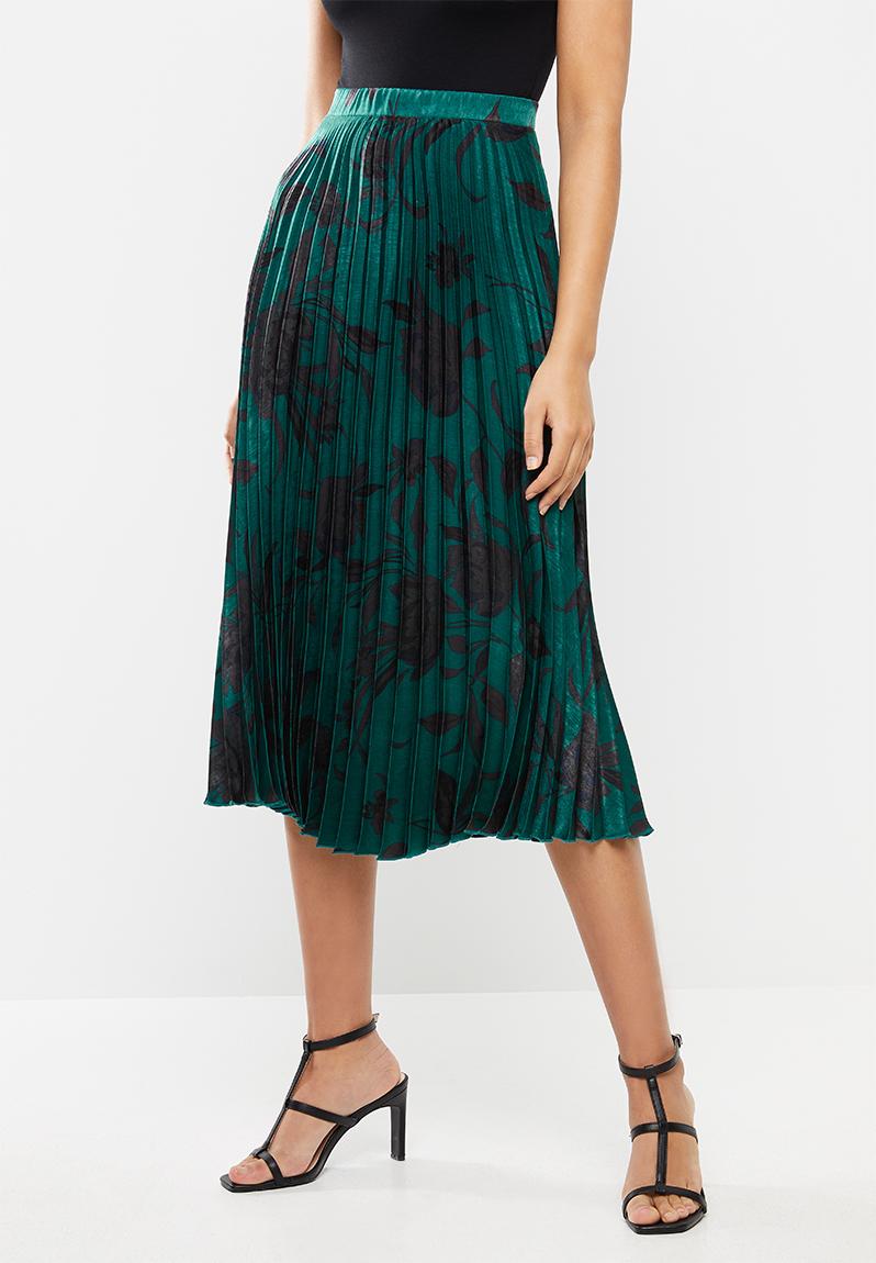 Floral satin waist basque pleated panelled skirt-jade-black VELVET ...