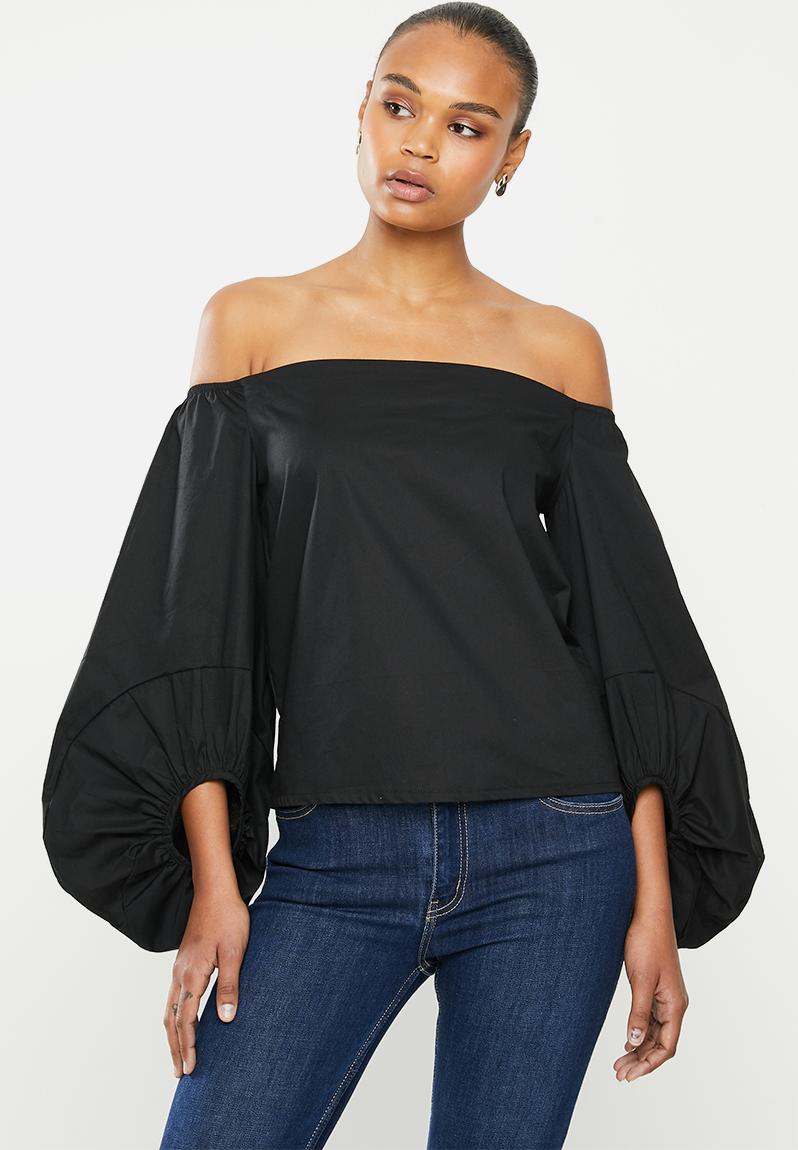 Woven bardot blouse with statement sleeve - black MILLA Blouses ...