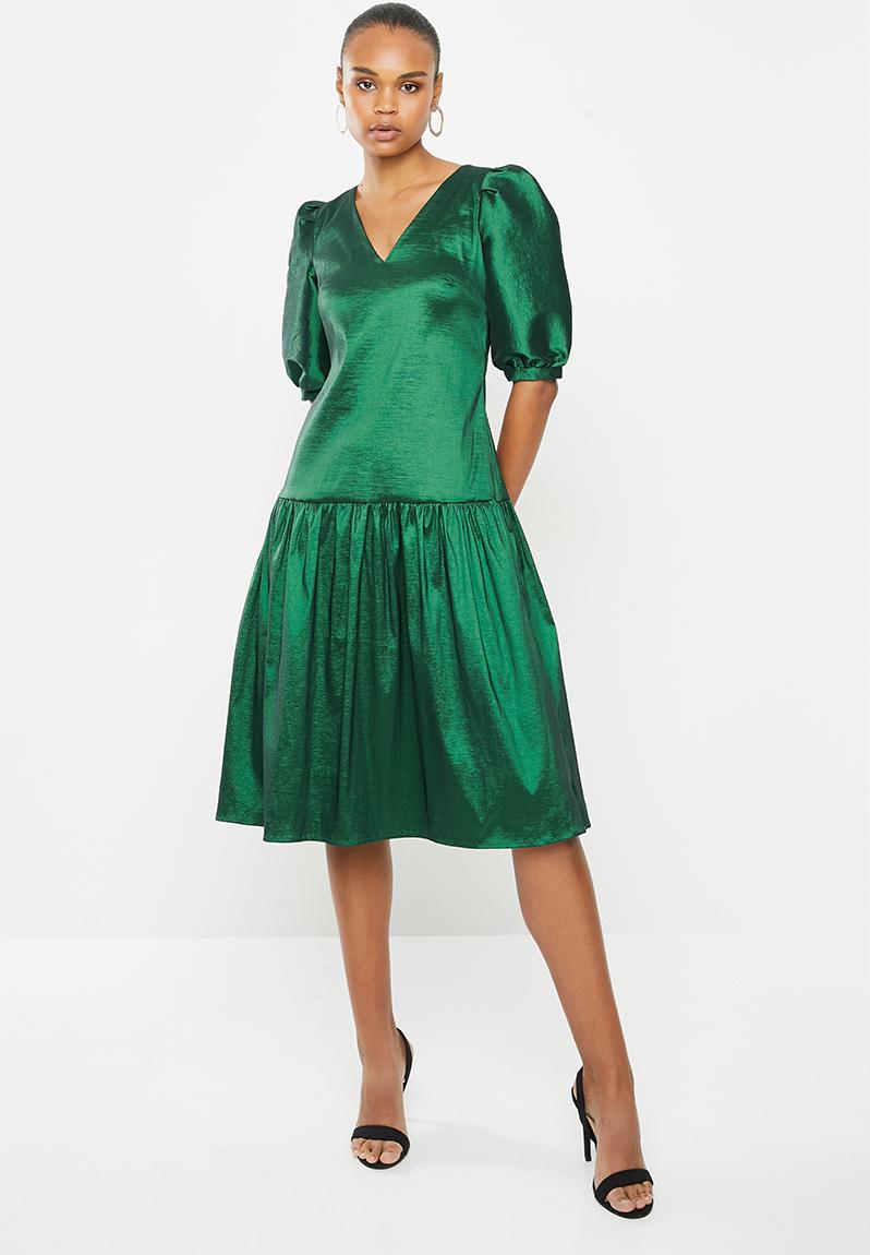 Stretch taffeta puff sleeve midi dress with tiered hem - emerald MILLA ...