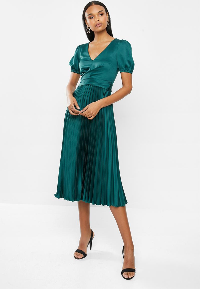 Sueded satin wrap bodice midi dress with pleated skirt - emerald MILLA ...