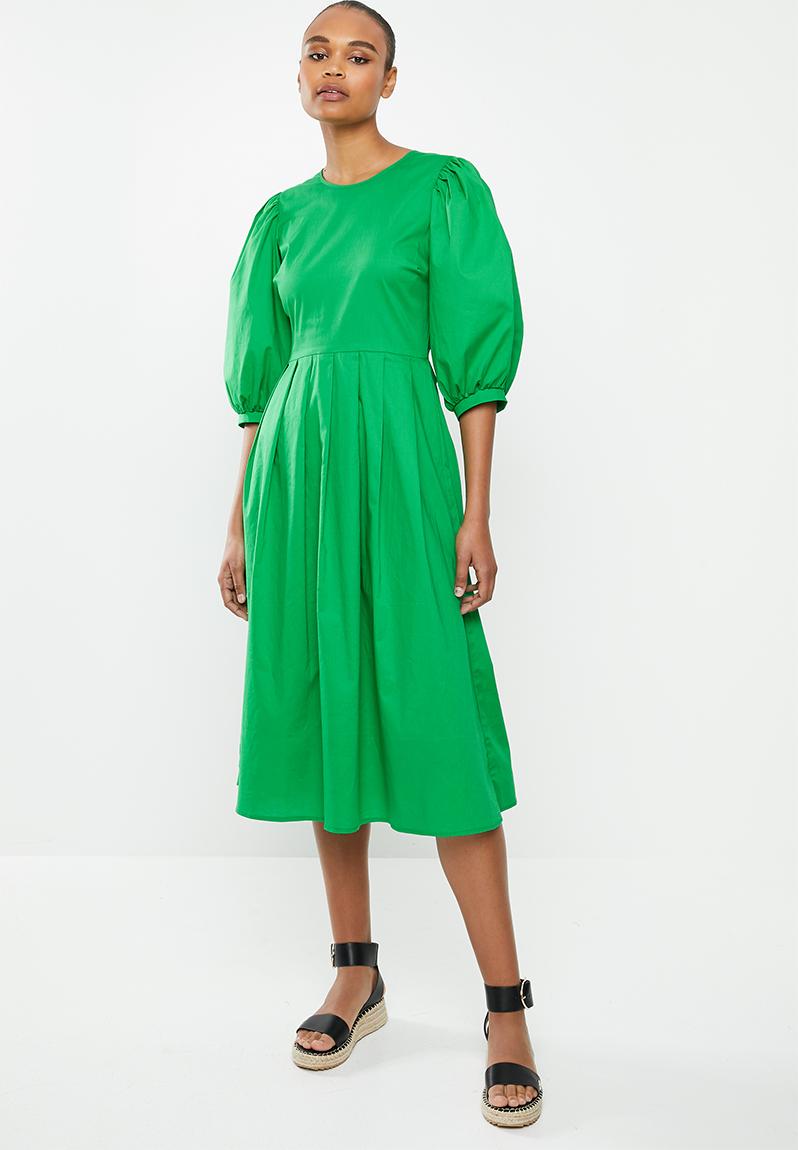 Poplin round neck balloon sleeve midi dress with tuck waist detail ...