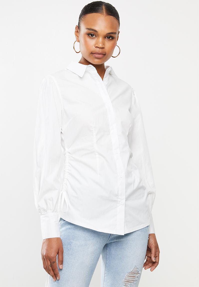 Poplin fitted ruched side longline shirt - white Missguided Shirts ...
