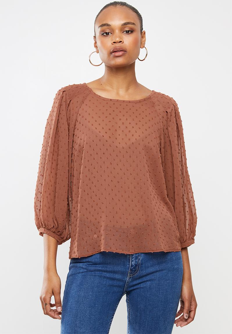 Dobby Chiffon Raglan Sleeve Top With Tuck Detail Clay Milla Blouses