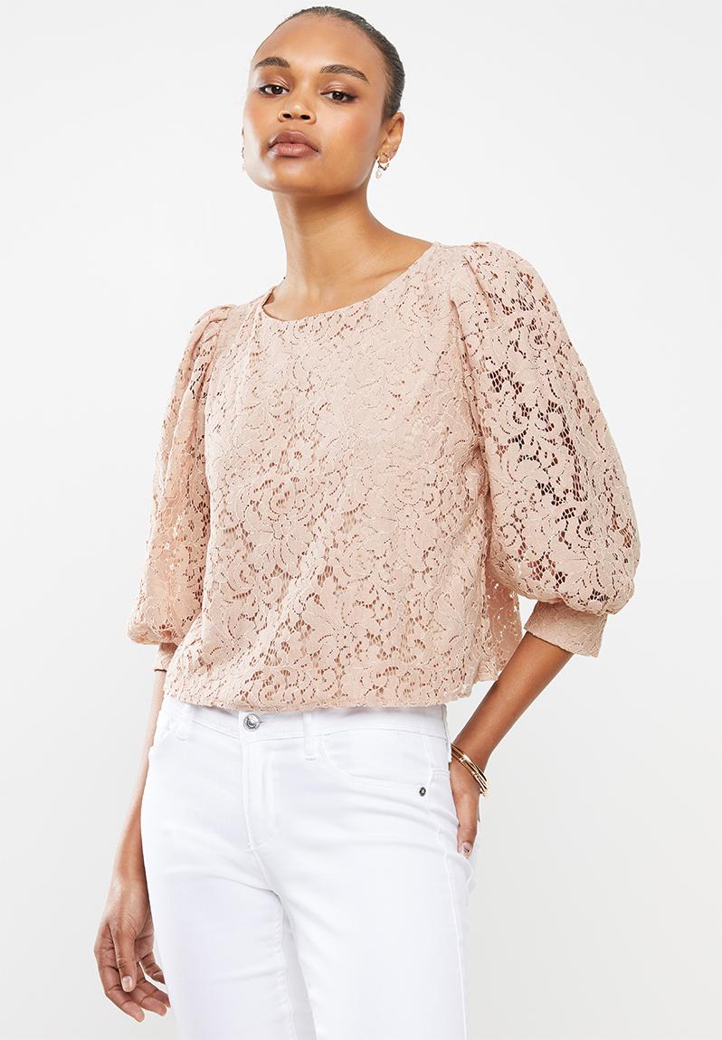 Corded lace round neck blouse with balloon sleeve - neutral MILLA ...