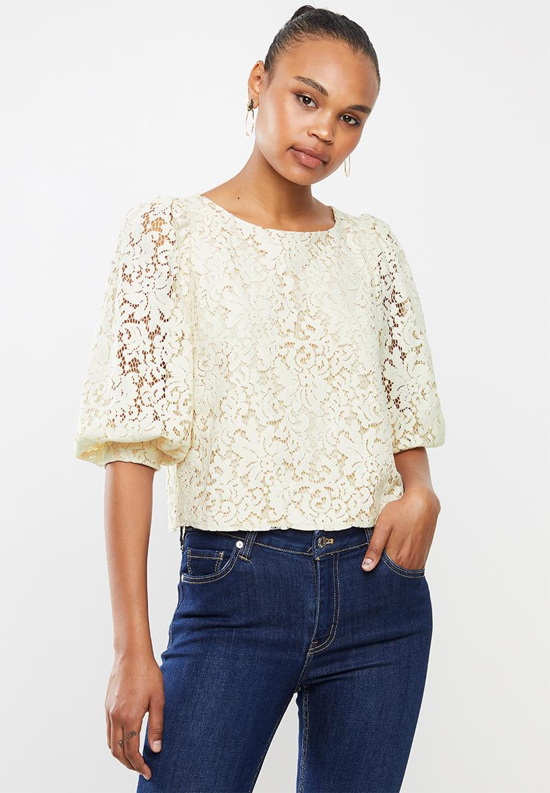 Corded lace round neck blouse with balloon sleeve - cream MILLA Blouses ...