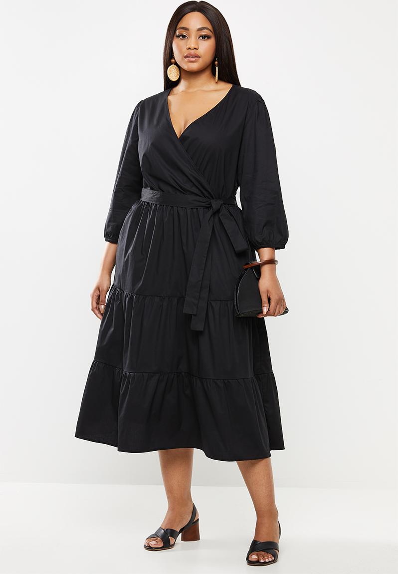 Poplin tiered midi dress with wrap bodice - black MILLA Dresses ...
