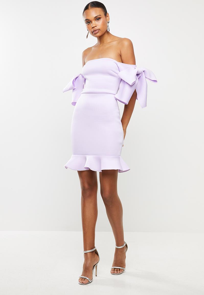 Scuba Ruffle Bow Bardot Mini Dress Purple Missguided Occasion