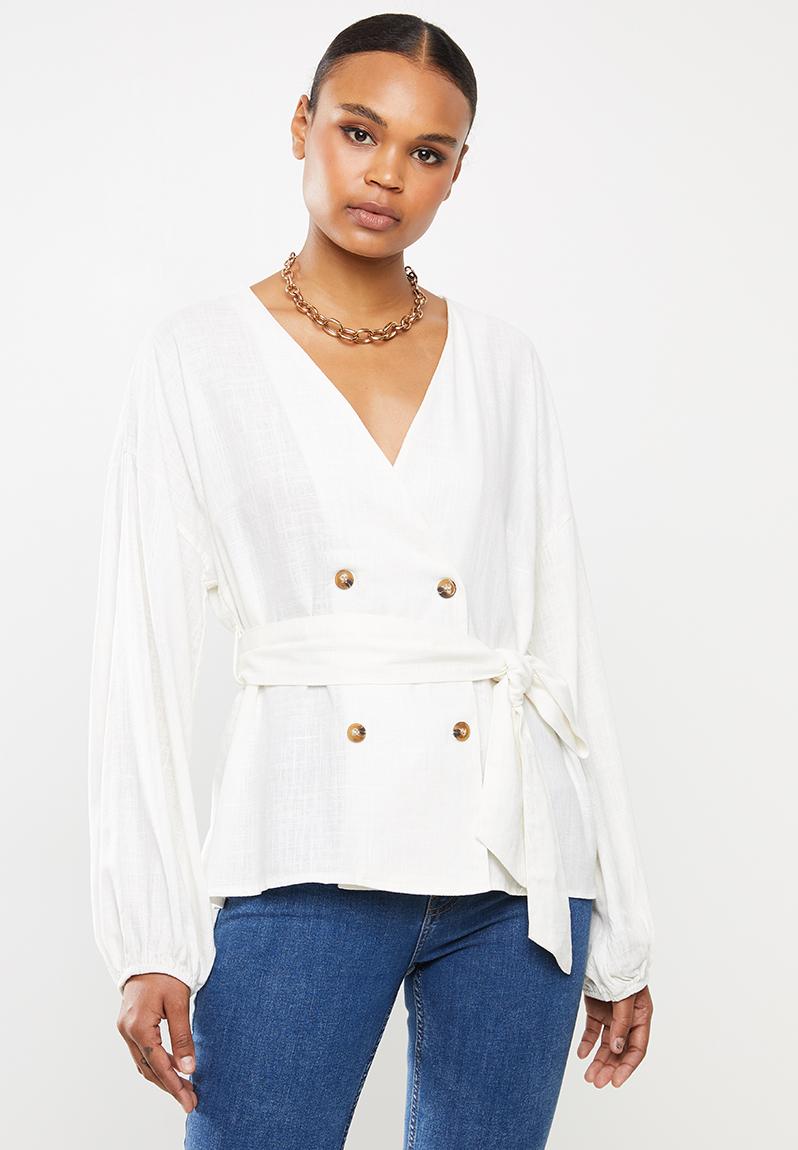 Linen look belted longline shirt - white Missguided Shirts ...