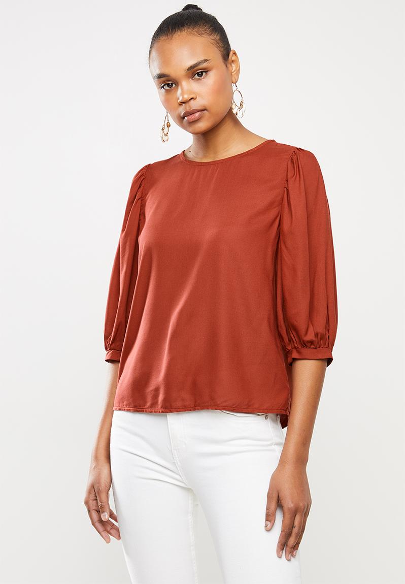 Woven round neck blouse with balloon sleeve - rust MILLA Blouses ...