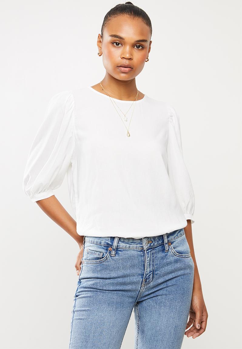 Woven round neck blouse with balloon sleeve - ivory MILLA Blouses ...