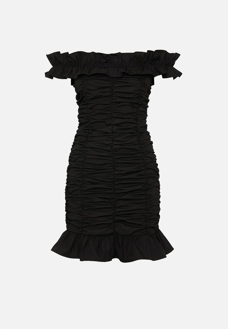 black ruched off the shoulder dress