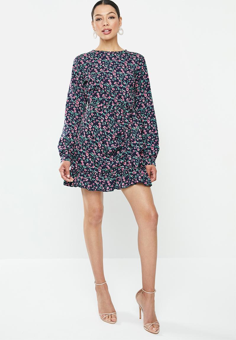 Ruched Side Tea Dress Floral Navy Missguided Occasion 7233