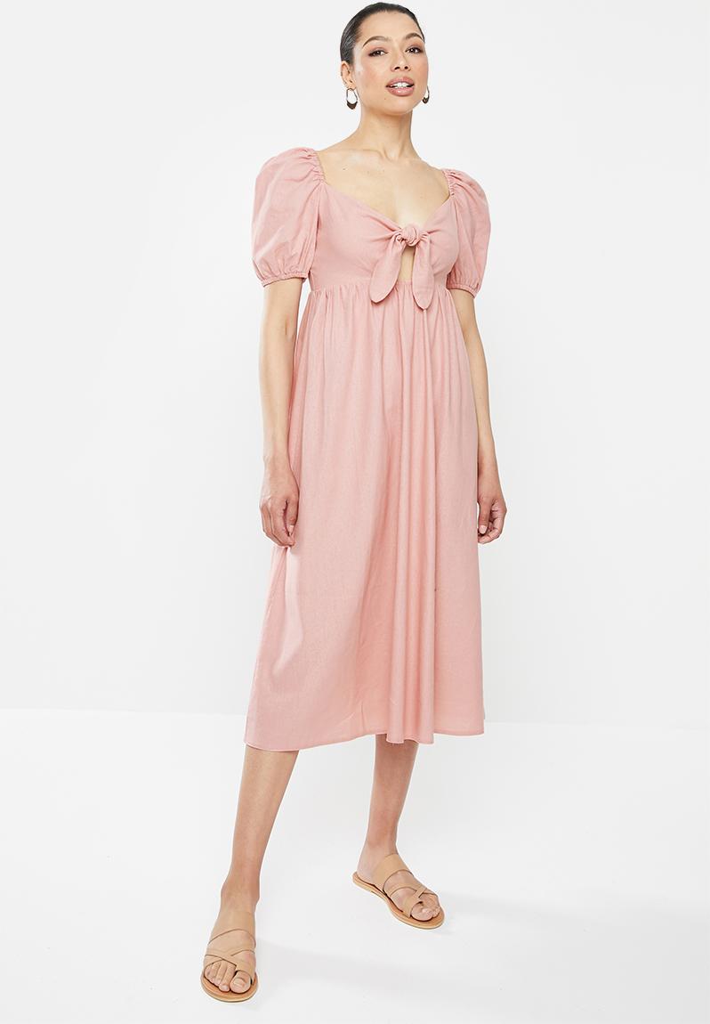 Linen tie front midi dress with puff sleeve - pink MILLA Casual ...