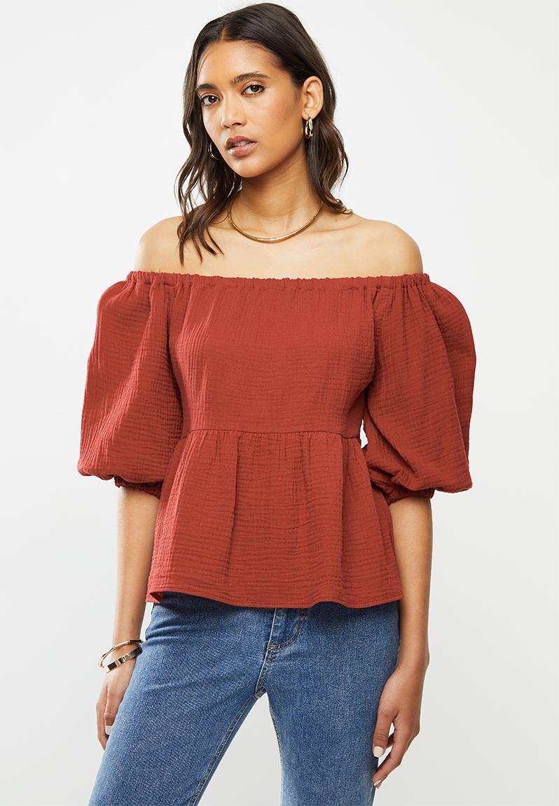 puff sleeve bardot top