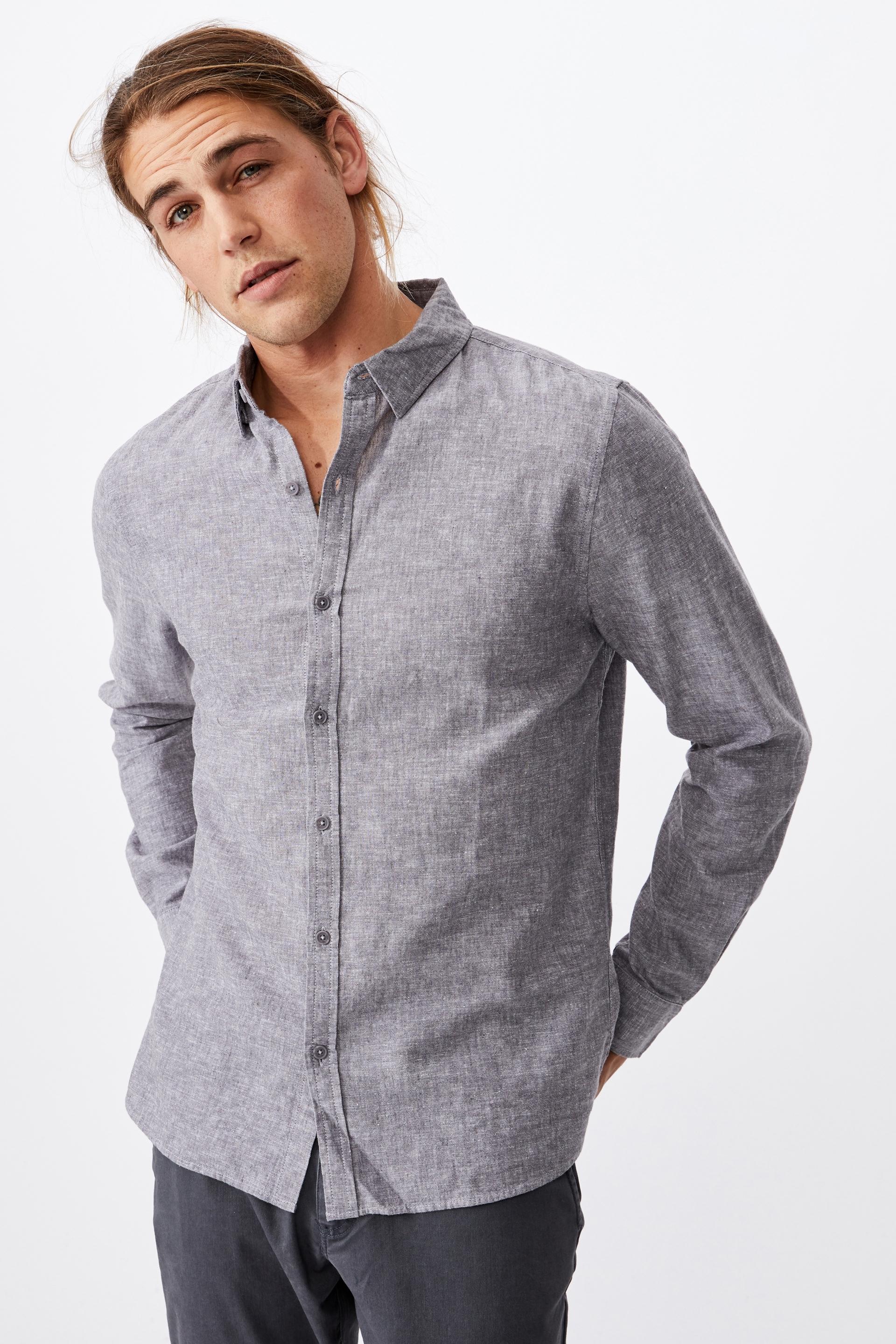 Linen cotton long sleeve shirt - black/white Cotton On Shirts ...