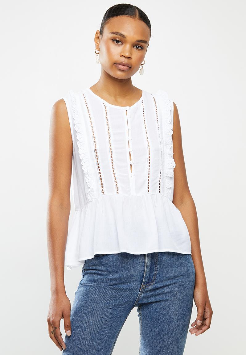 Frill sleeve top with front lace - white Brave Soul Blouses ...