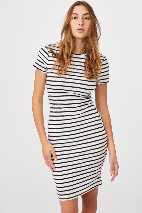 Essential short sleeve bodycon midi dress - cole stripe white/navy rib ...