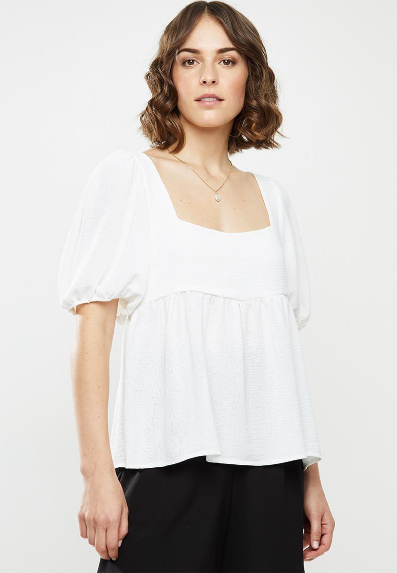 Textured woven square neck babydoll top - white MILLA Blouses ...