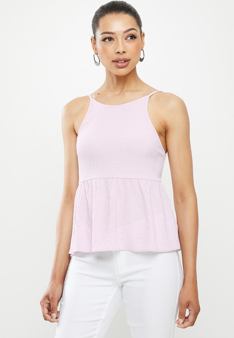Crinkle halter blouse with gauged peplum and back tie - lilac MILLA ...