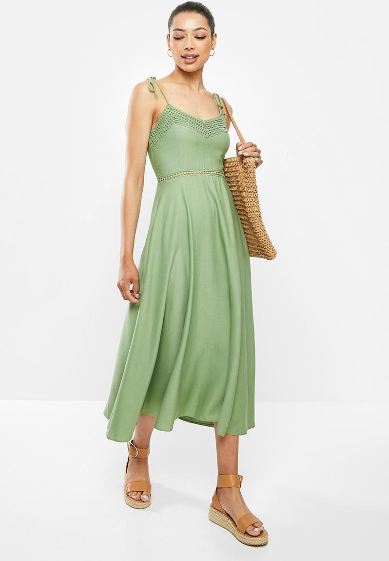 Linen cami circle midi dress with trim insets - sage green MILLA Casual ...