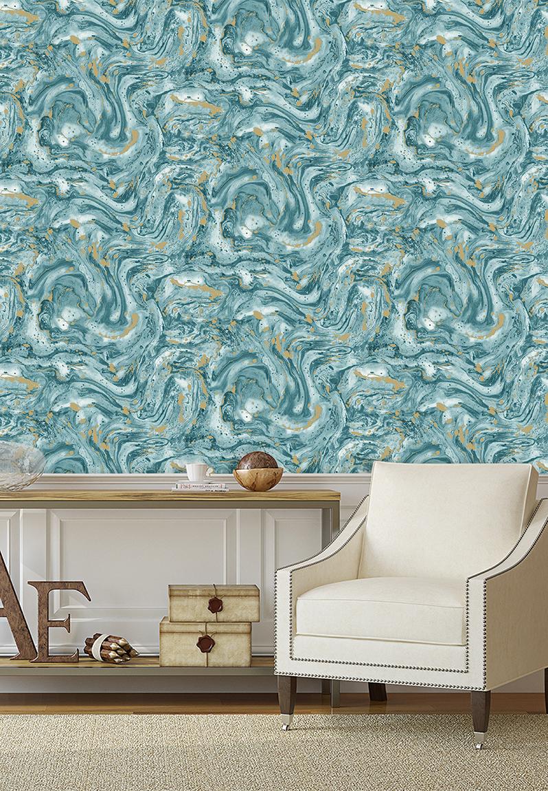 Marble swirl printed vinyl wallpaper - blue & gold Sixth Floor Decor ...