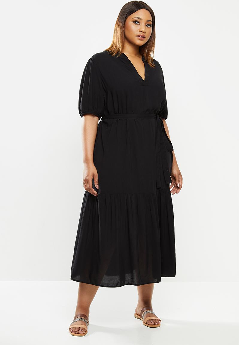 V-neck puff sleeve belted midi - black edit Plus Dresses | Superbalist.com