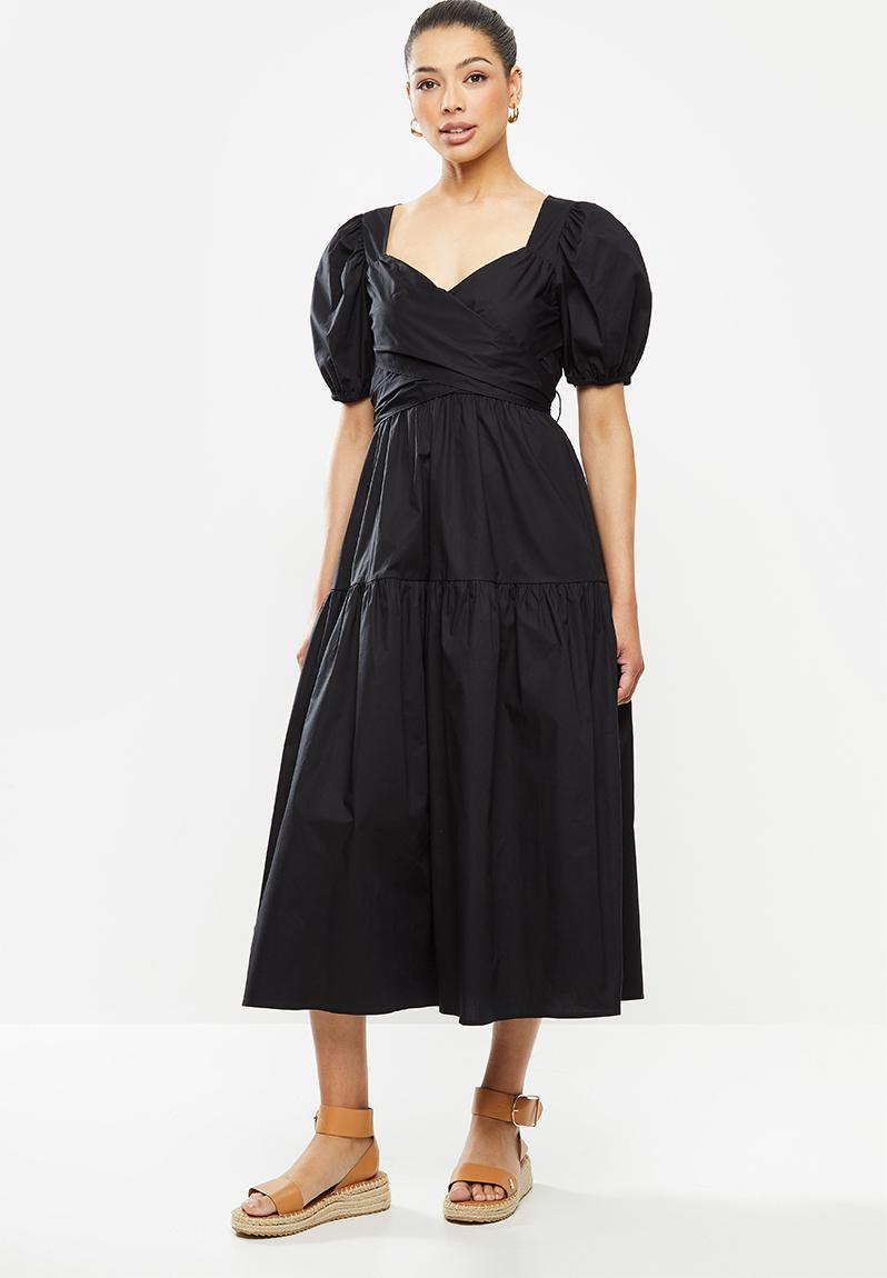 Poplin wrapover bodice midi dress with tiered skirt - black MILLA ...