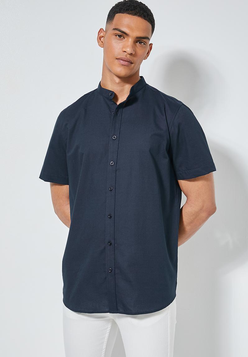 Regular fit mandarin short sleeve shirt - navy Superbalist Shirts ...