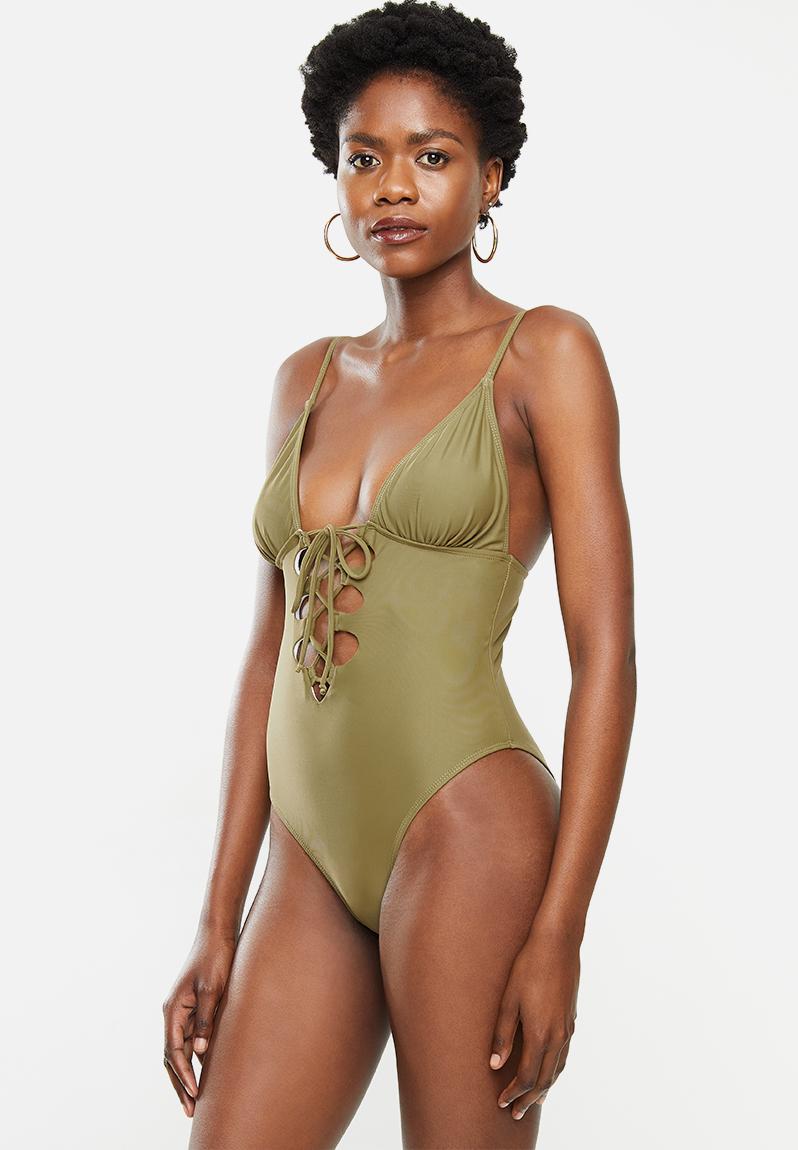 Strappy Plunge Lace Up Front Swimsuit Khaki Missguided One Piece 