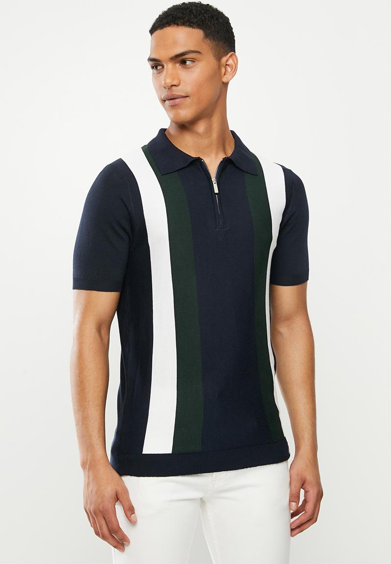 Short sleeve knitted golfer - navy/green/white Jonathan D T-Shirts ...