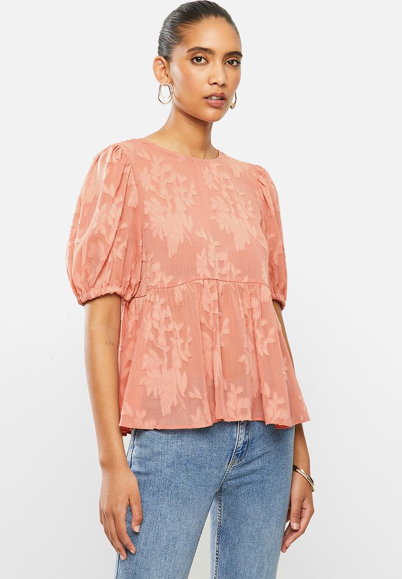 Burn Out Puff Sleeve Blouse - Pink Velvet Blouses 