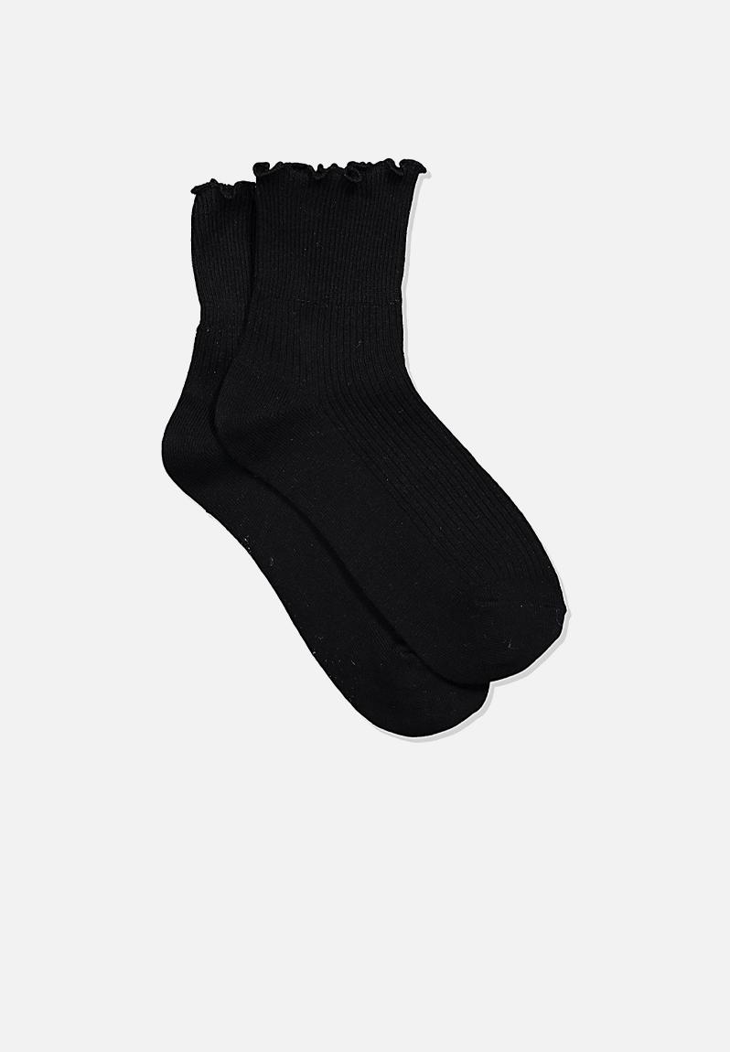Frill ribbed quarter crew sock - black Cotton On Stockings & Socks ...