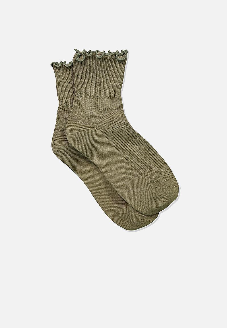 Frill ribbed quarter crew sock khaki Cotton On Stockings & Socks