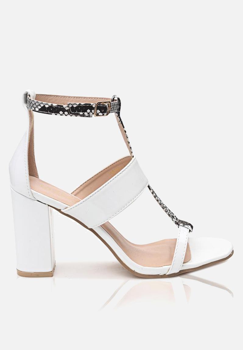 white ankle strap block heels