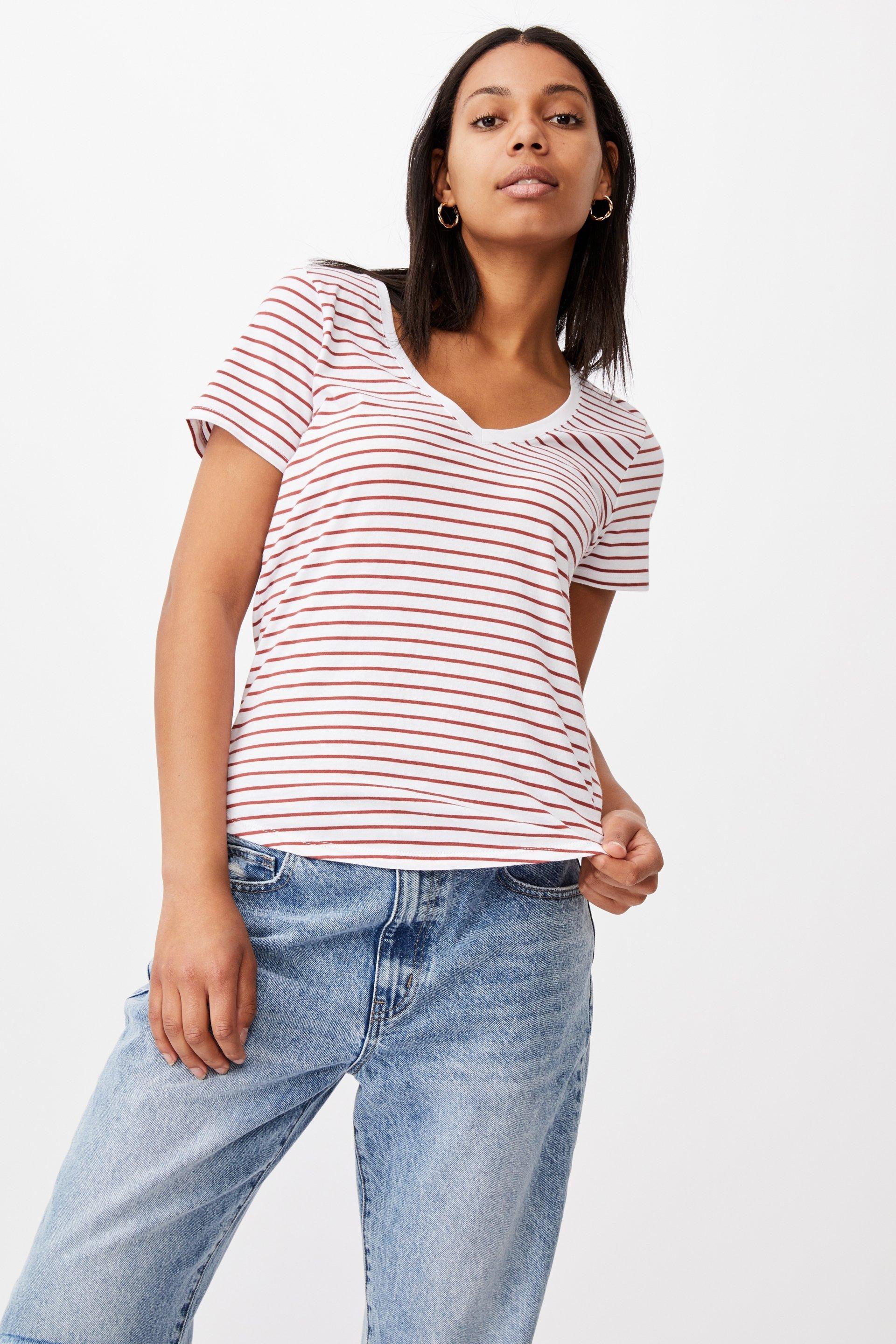 The one fitted v tee - eddy stripe white/ red terracotta Cotton On T ...