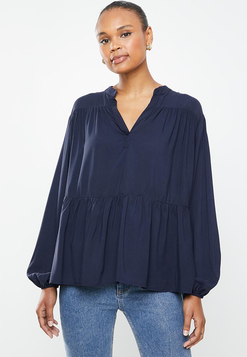Mandarin collar longline blouse - navy edit Blouses | Superbalist.com