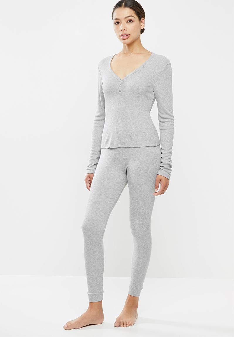 Rib button up long sleeve legging lounge set - grey Missguided