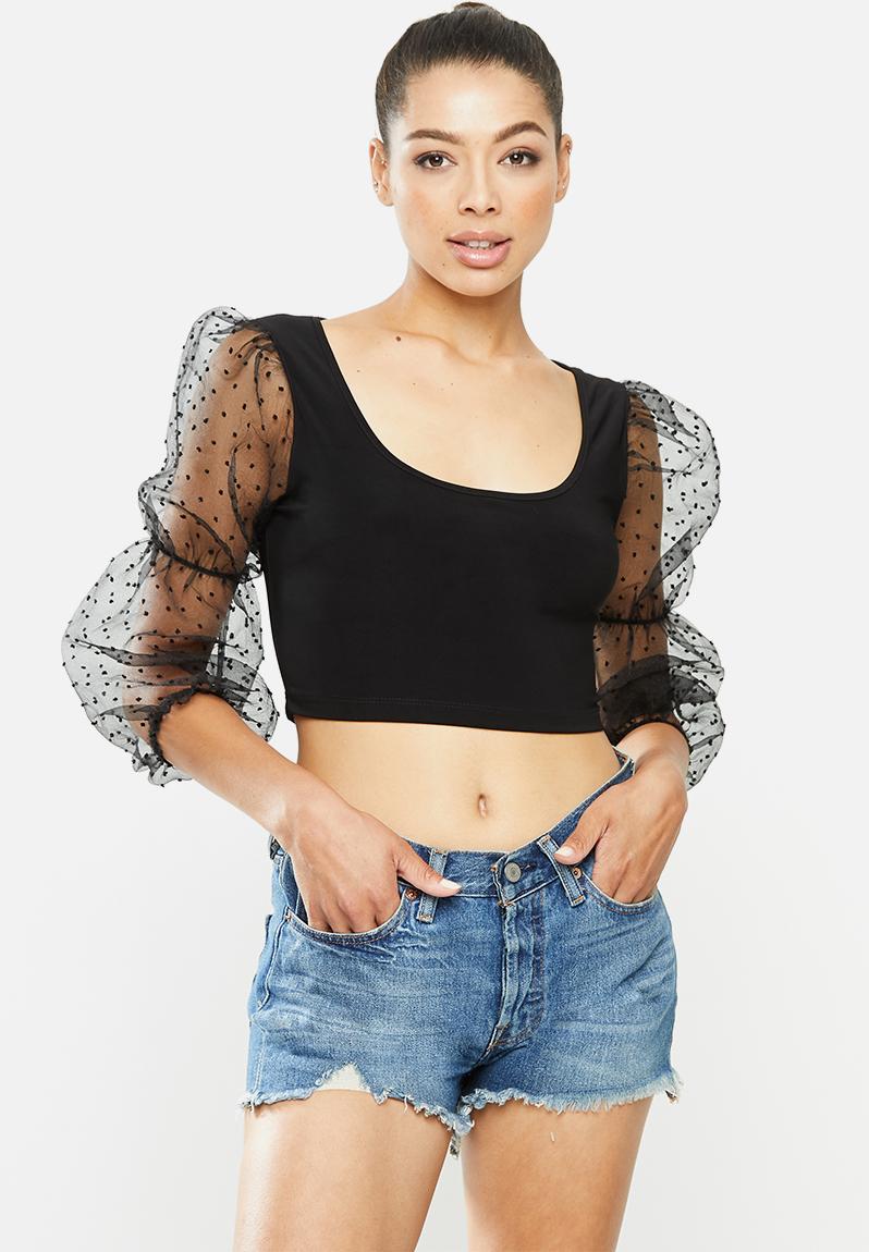 Combo long sleeve crop top with puff sleeve - black Blake T-Shirts ...