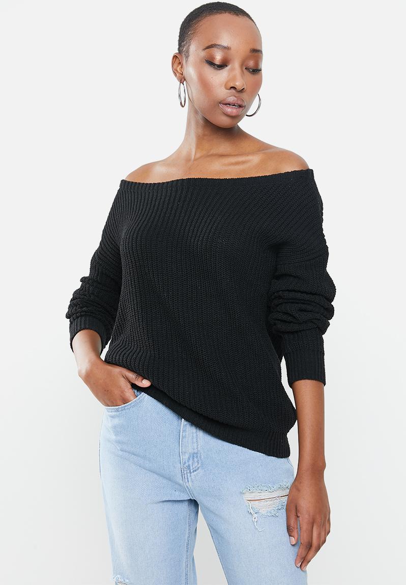 black knitted off the shoulder jumper