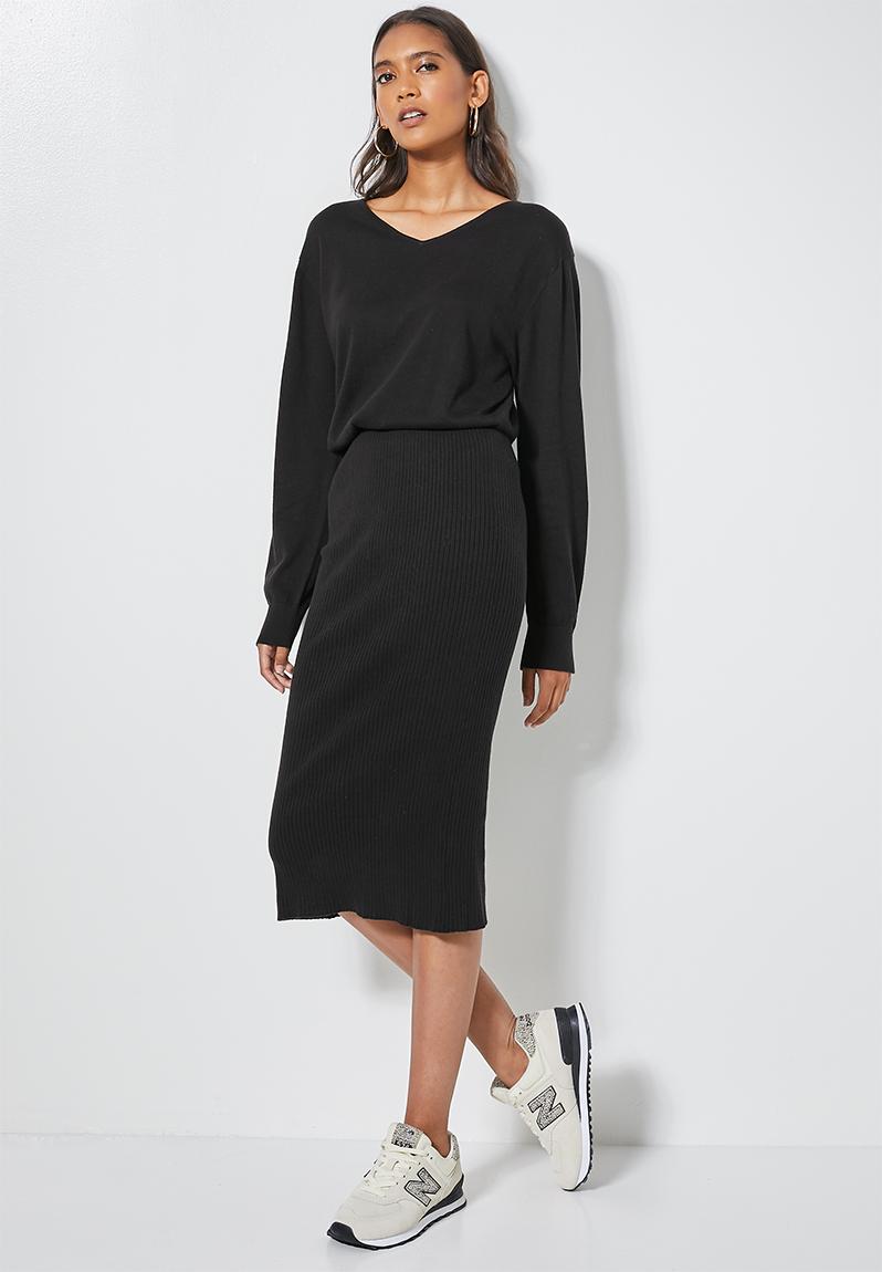 V-neck Knitwear Dress With Ribbing Detail - Black Superbalist Formal ...