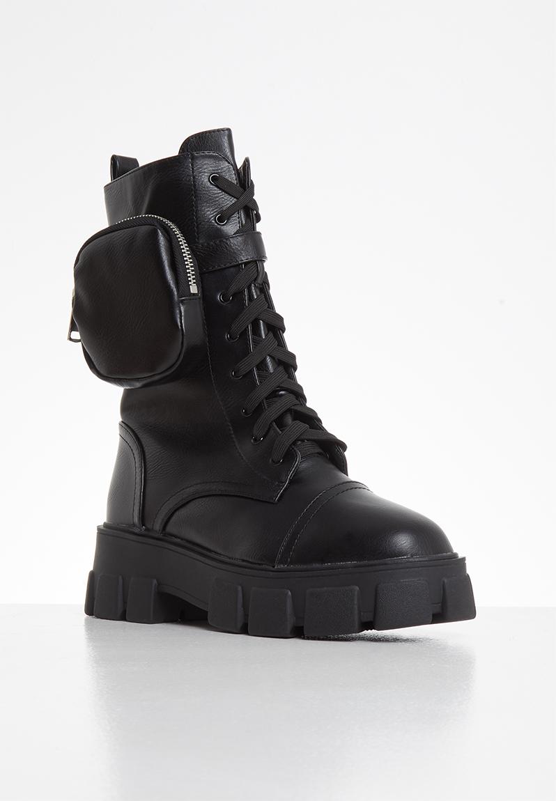 public desire intention chunky calf boot with pouch in black