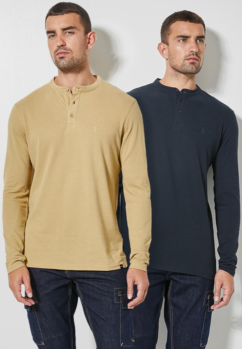 2 Pack mandarin collar long sleeve slim golfer - navy/beige Superbalist ...