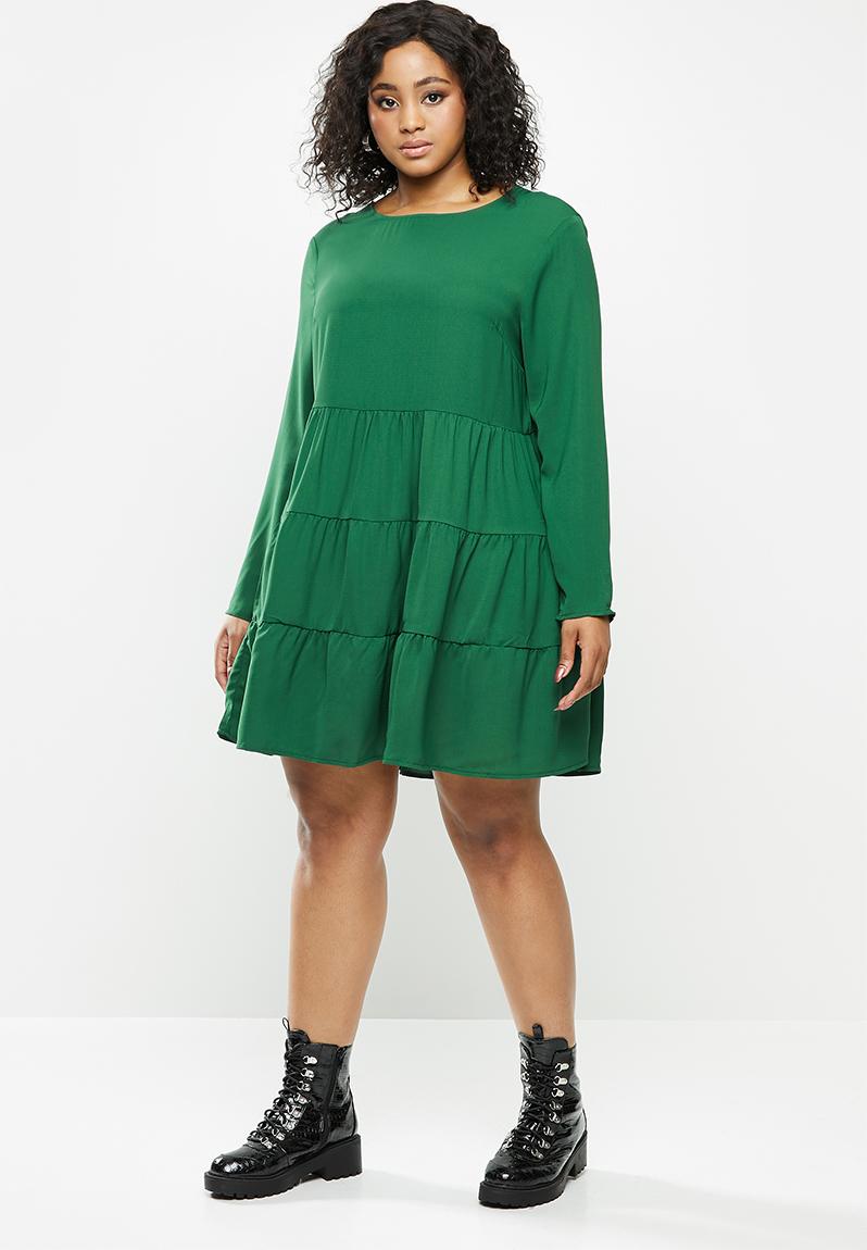 Plus Tiered Long Sleeve Smock Dress Deep Green Missguided Dresses