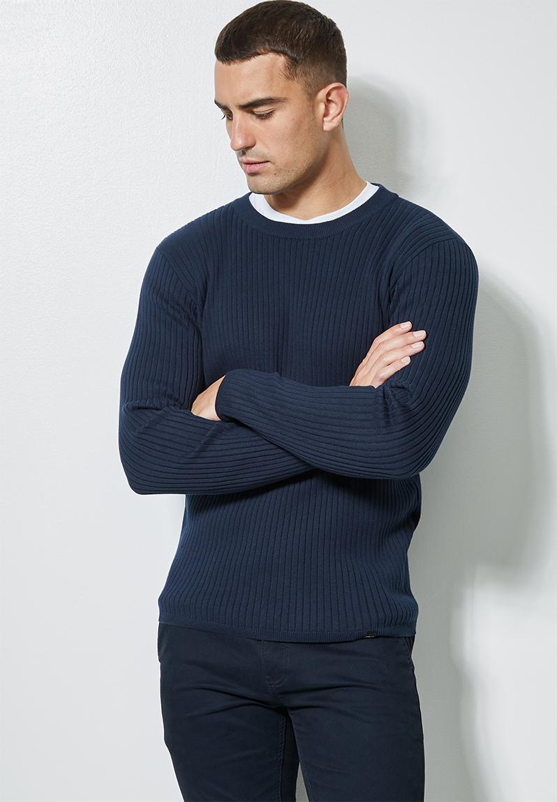Slim fit ribbed crew neck knit - navy 1 Superbalist Knitwear ...