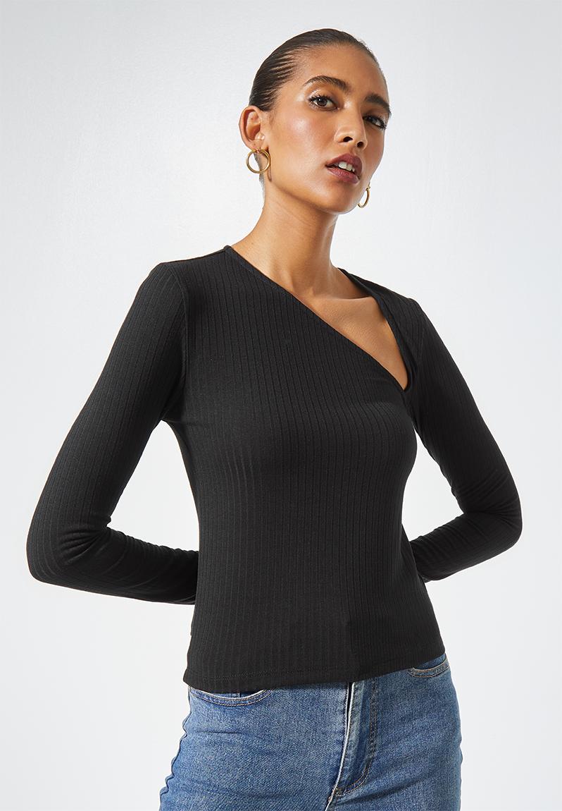 Rib asymmetric neckline top - black Superbalist T-Shirts, Vests & Camis ...