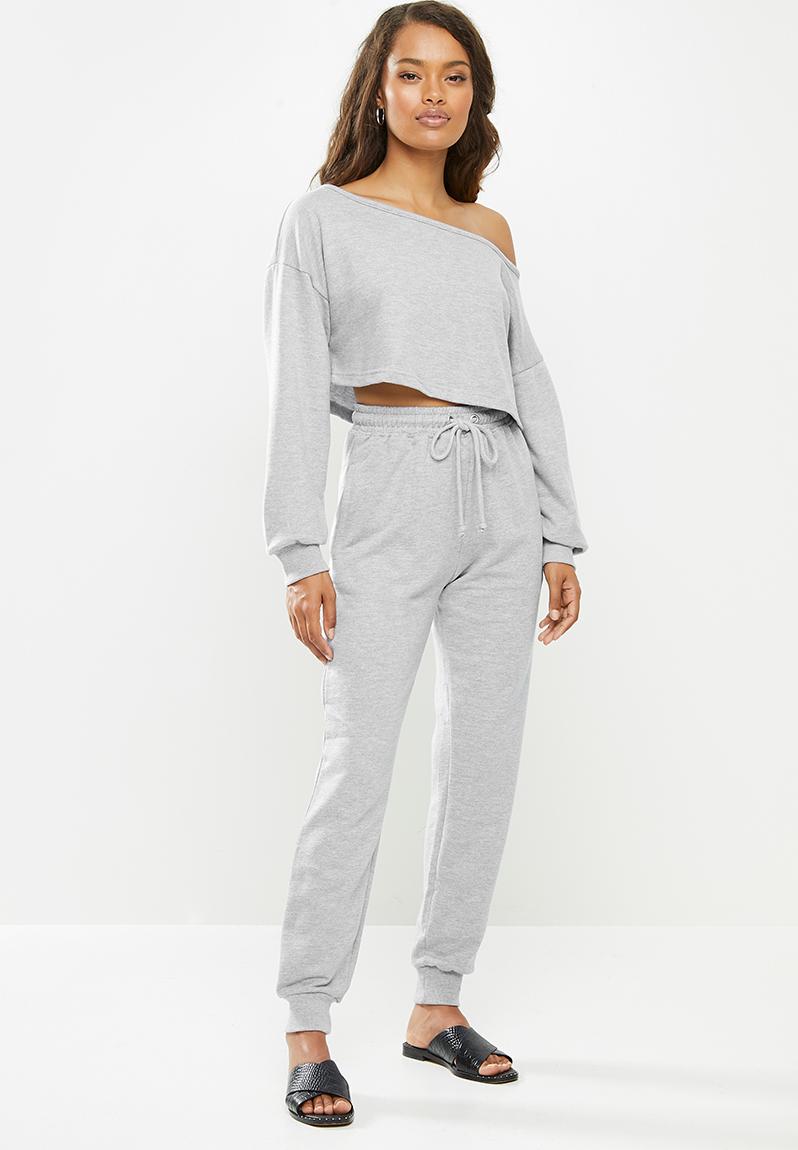 Petite off shoulder sweat and jogger set - grey marl Missguided Bottoms ...