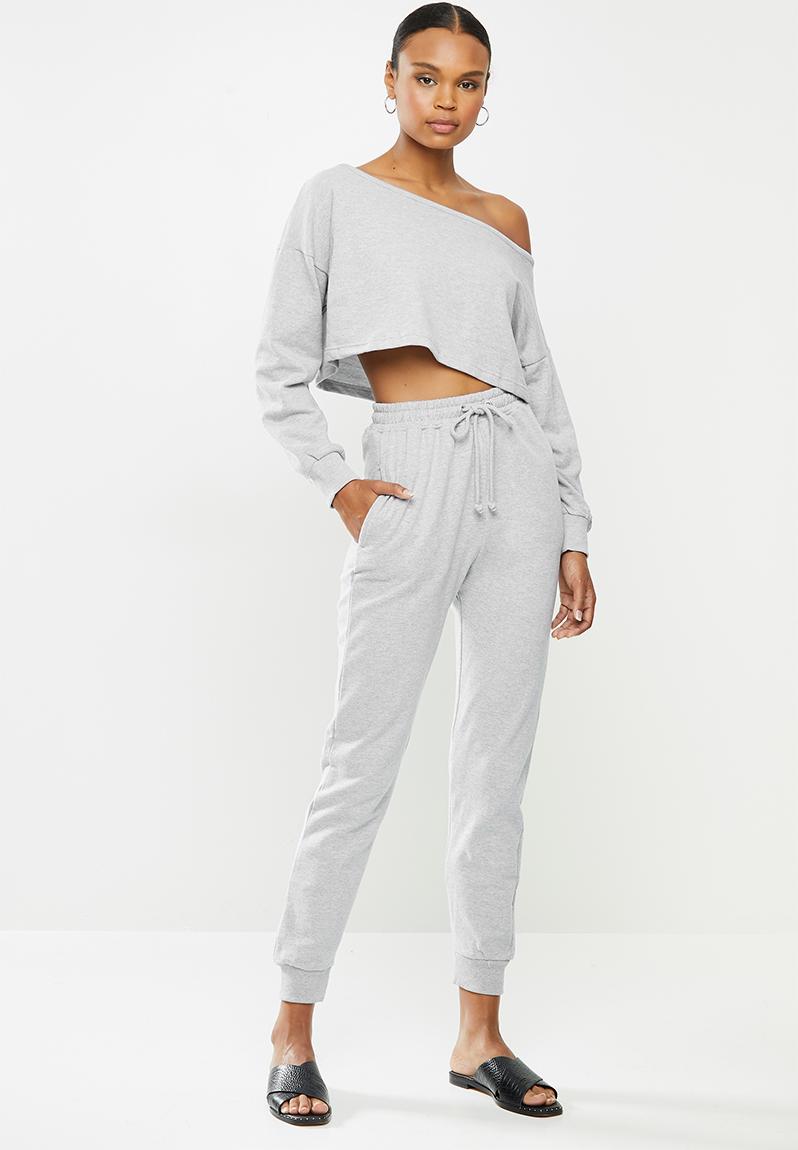 Coord off the shoulder sweat & jogger - grey marl Missguided Trousers ...