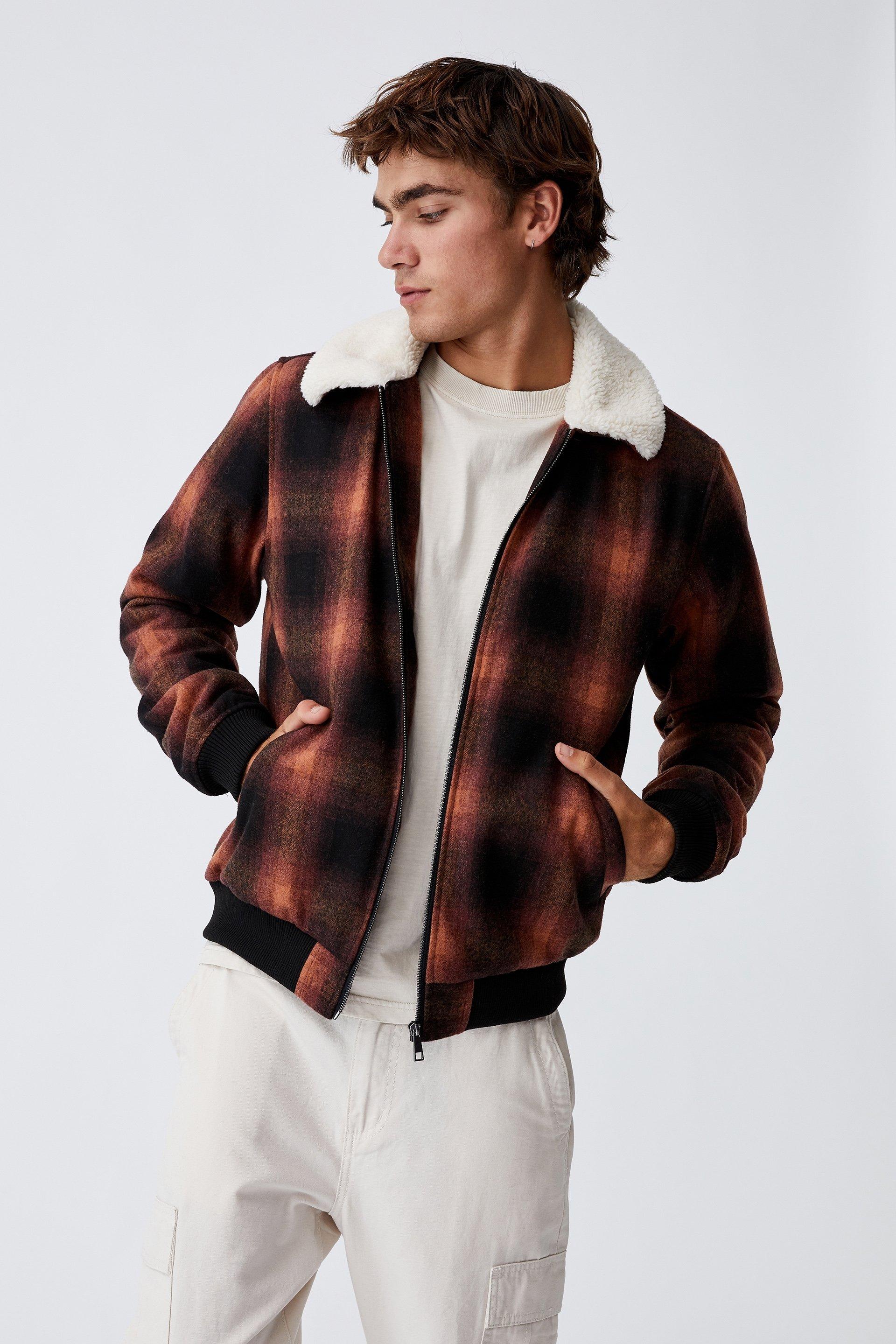 Sherpa collar bomber jacket - black orange check Cotton On Jackets ...