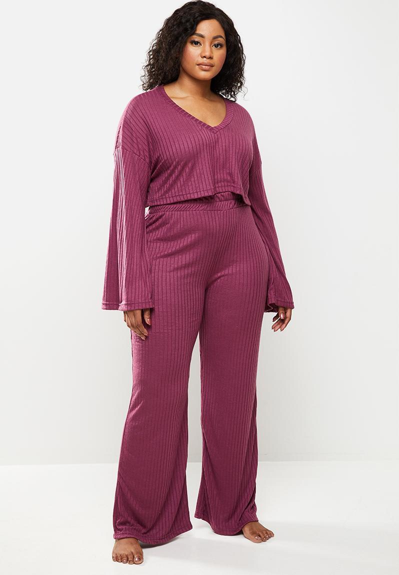 Plus size ribbed wide leg lounge set - violet Missguided Sleepwear ...