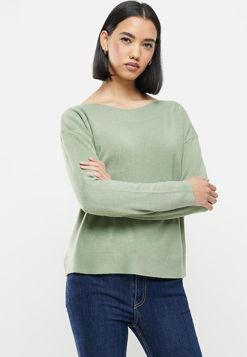 Amalia long sleeve boatneck pullover knit - green ONLY Knitwear ...